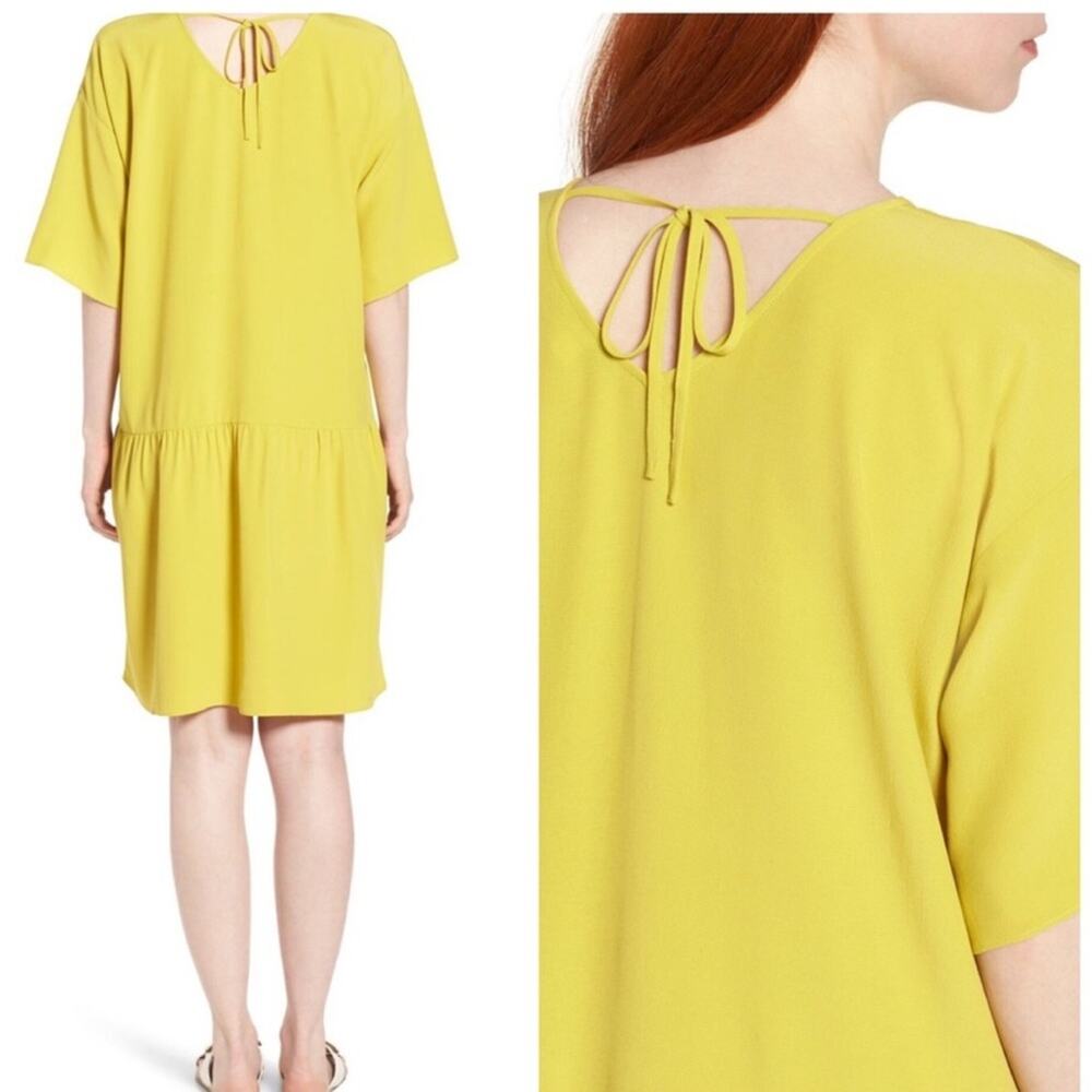 Eileen Fisher Drop Waist Shift Dress Back Tie Lagenlook in Yarrow Citron Size XS - Picture 13 of 16